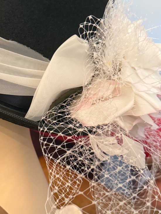Black Felt Top Hat With White Toole Band, Silk Flowers, Feathers and Netting main image 9